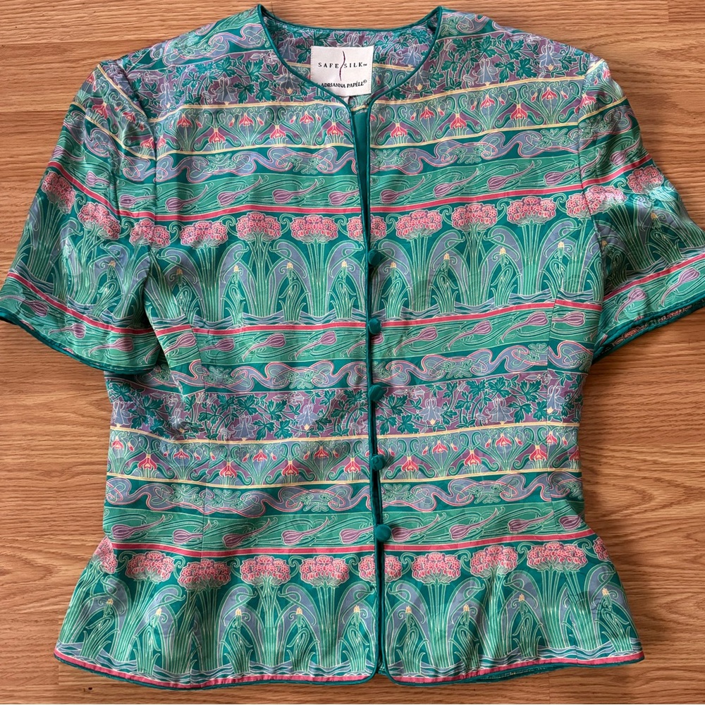 Vintage 80s 90s Adrianna Papell Teal Floral 100% Silk Blazer Blouse Jacket Sz 10